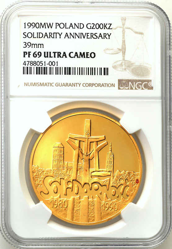 III RP. 200.000 złotych 1990 Solidarność 39 mm NGC PF69 ULTRA CAMEO (2 MAX)